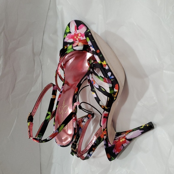 Jessica Simpson black hibiscus tropical floral strappy ankle strap heels size 11 - Picture 3 of 16
